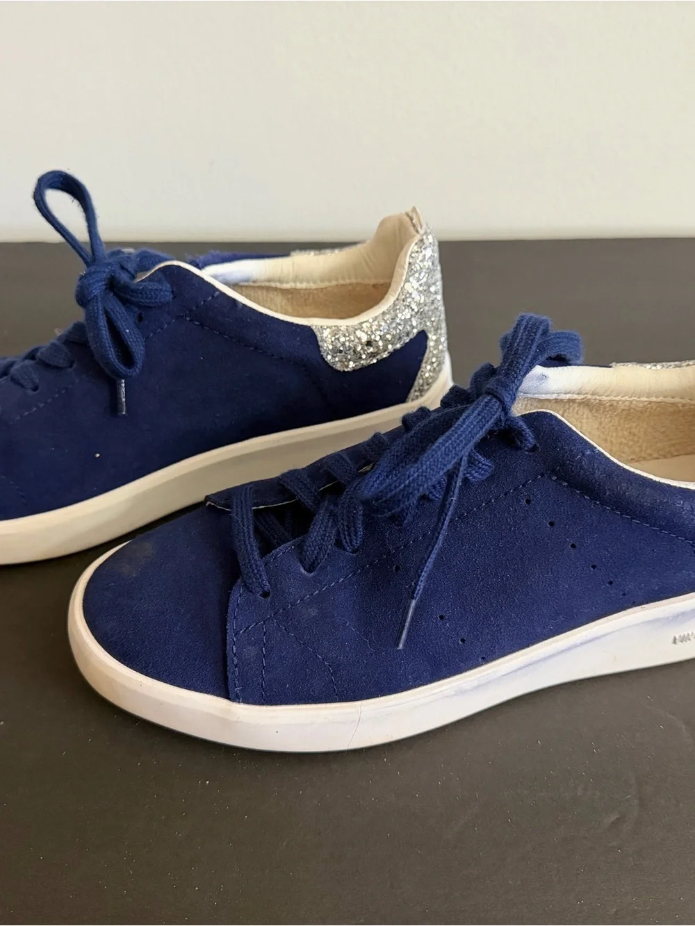 Vintage Navy Suede Low-Top Sneakers with Silver Glitter Heel